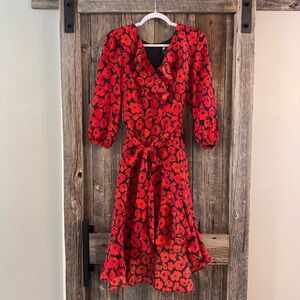 Jason Wu Red Poppy Floral Wrap Dress Small High Low Ruffle